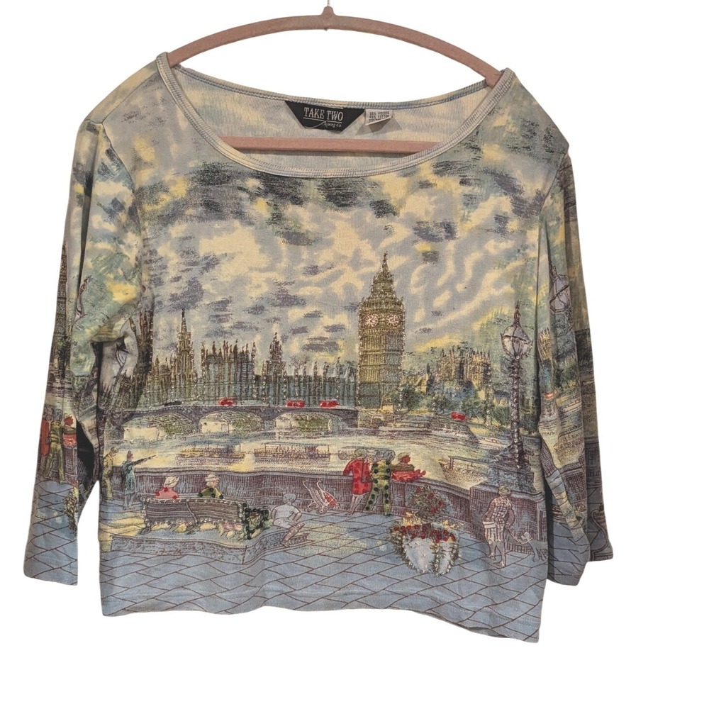 Take Two Y2K London Big‎ Ben Skyline Graphic Rhinestone Top Womens Large